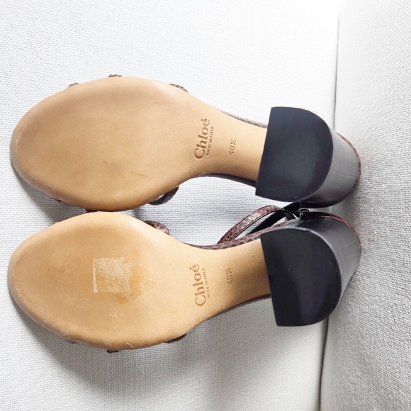 🔥RARE🔥 Authentic Chloé Chocolate Snakeskin Crossover Block Heel Sandals - Picture 7 of 8